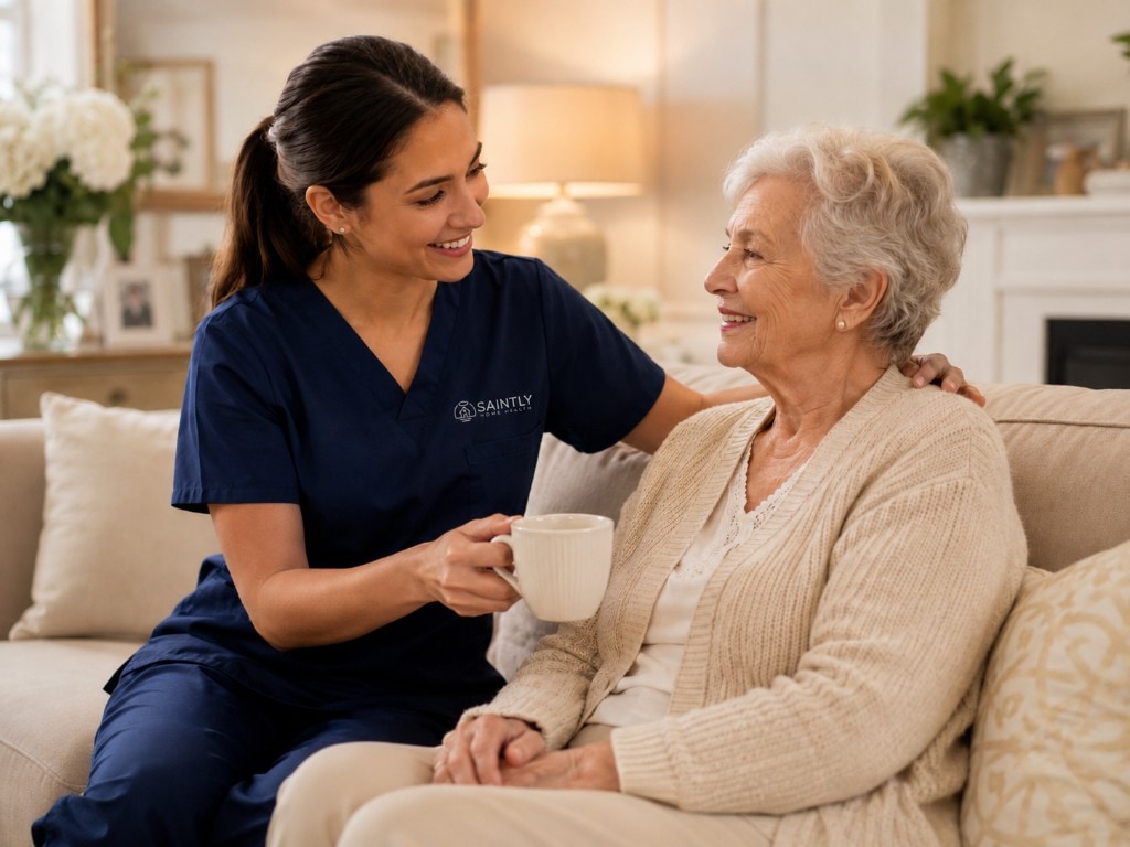 Saintly aide sharing a quiet moment with an older woman over a warm cup of tea on a cozy couch