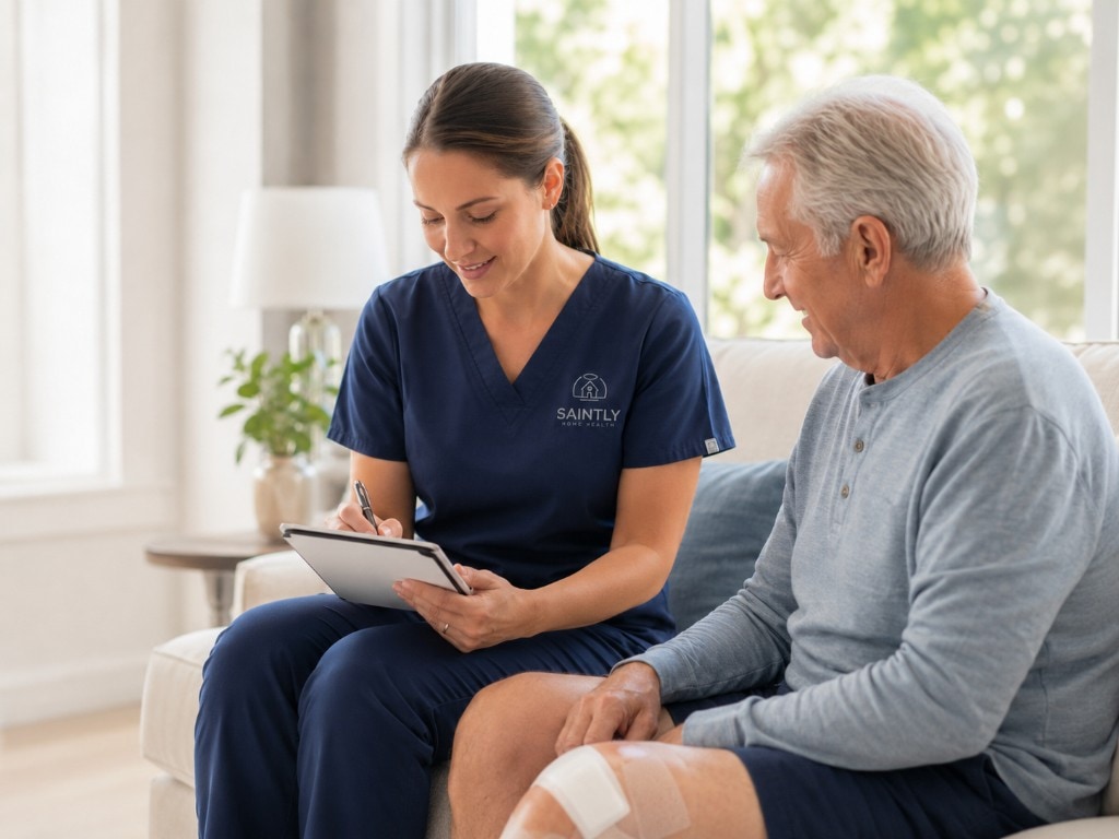 Saintly nurse offering gentle caregiver guidance beside medical supplies within a softly lit cozy home