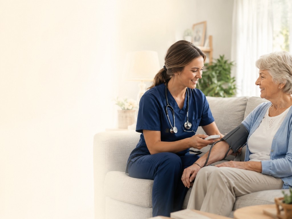 Saintly Home Health registered nurse providing a clinical assessment to a patient in a warm, sunlit living room