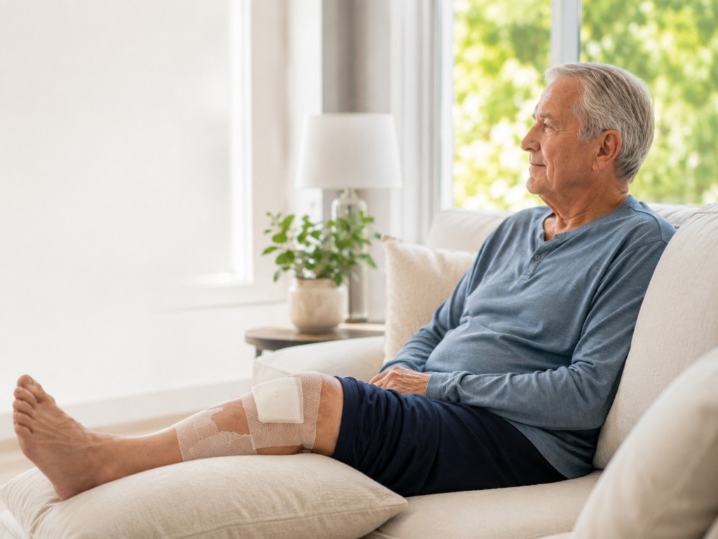 Nurse and older adult reviewing care together comfortably on a home sofa beside a sunny window