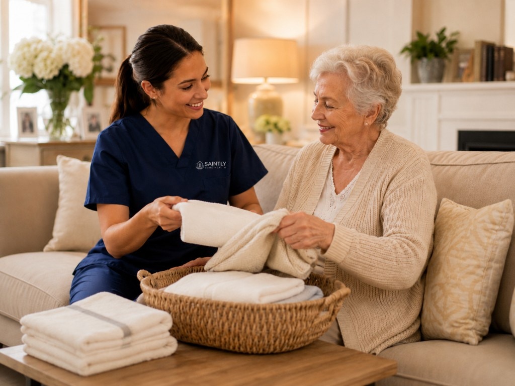 Saintly aide gently folding fresh towels with an older woman on a sunlit, comfortable couch at home