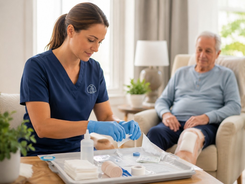 Licensed Saintly nurse in navy scrubs tending to an older patient's bandaged lower leg during a peaceful home visit