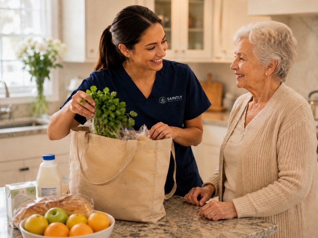 Saintly aide unpacking fresh groceries with an older woman in a bright, warm kitchen