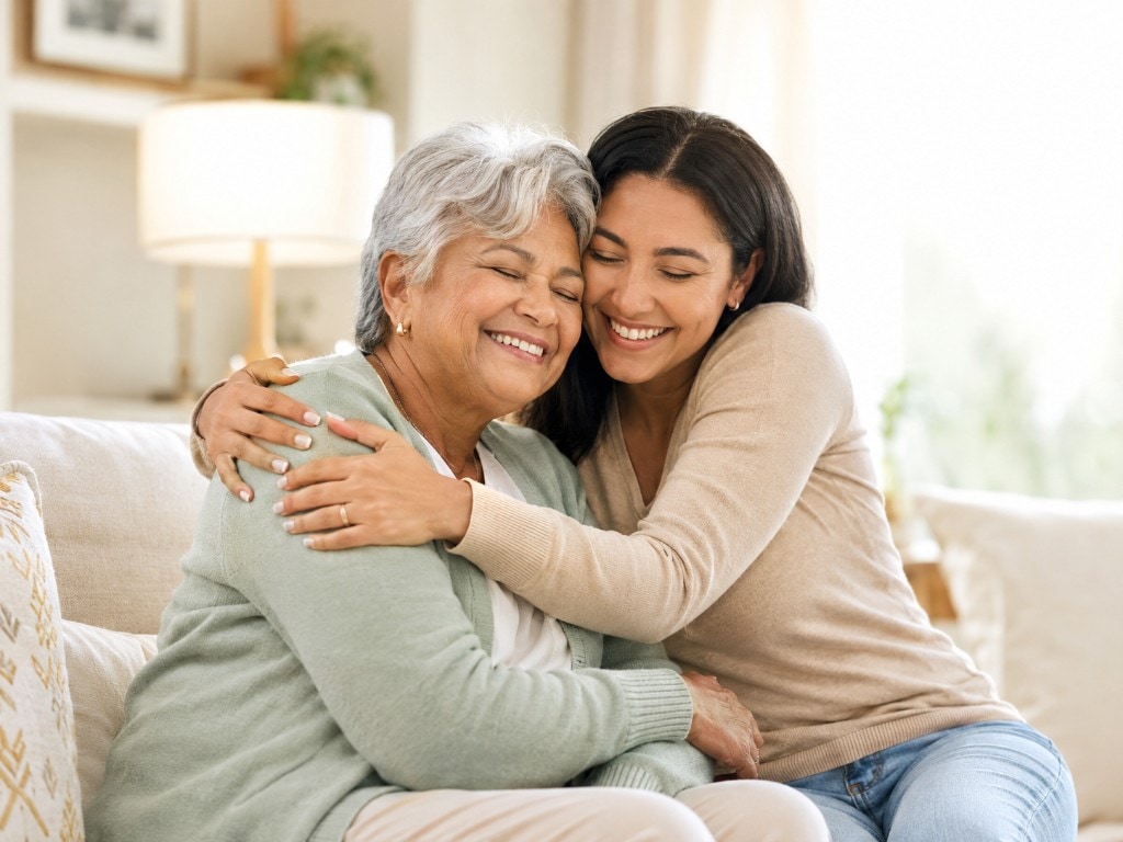 A cozy embrace in a sunlit living room — Saintly cares for patients where they feel most comfortable