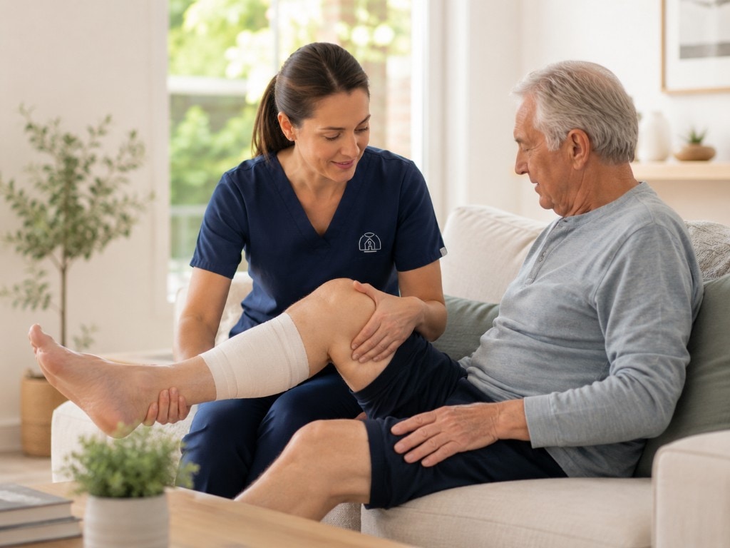 Saintly nurse preparing organized wound-care supplies at a patient's sunlit coffee table while the patient rests nearby