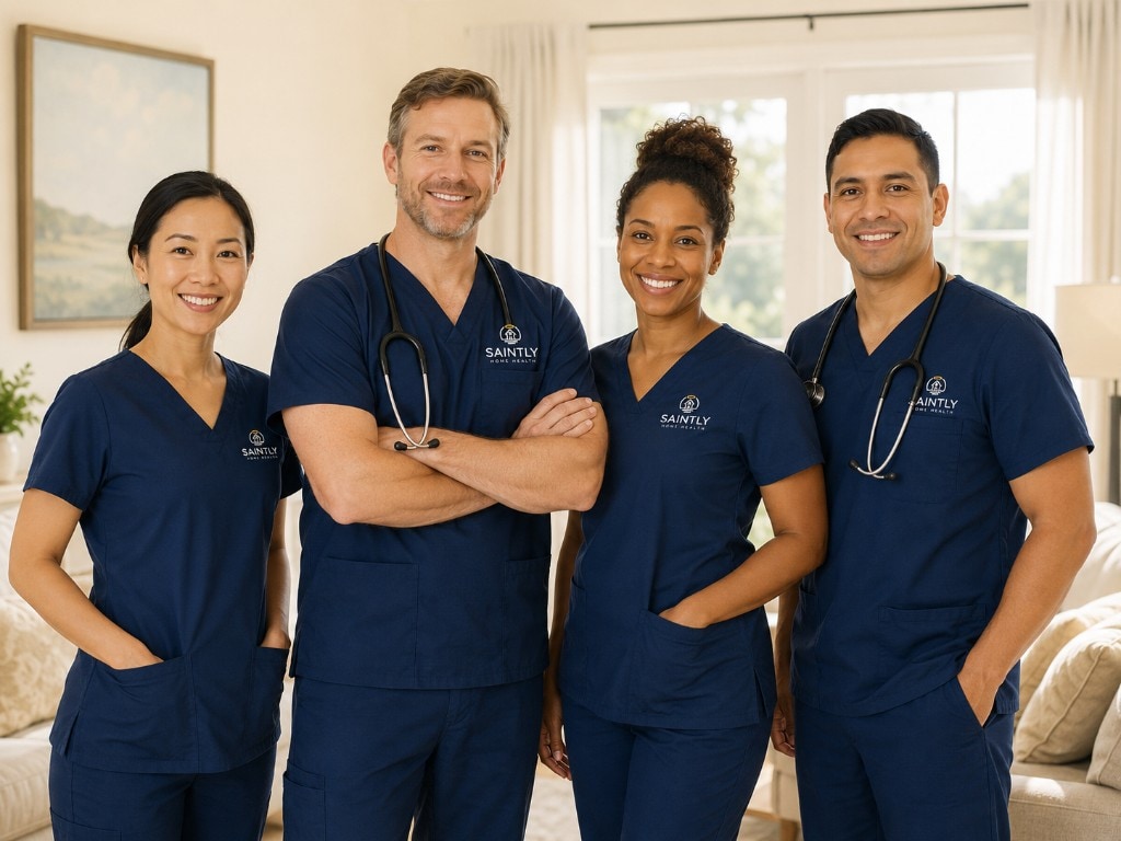 Saintly Home Health team smiling together in a warm, welcoming home setting