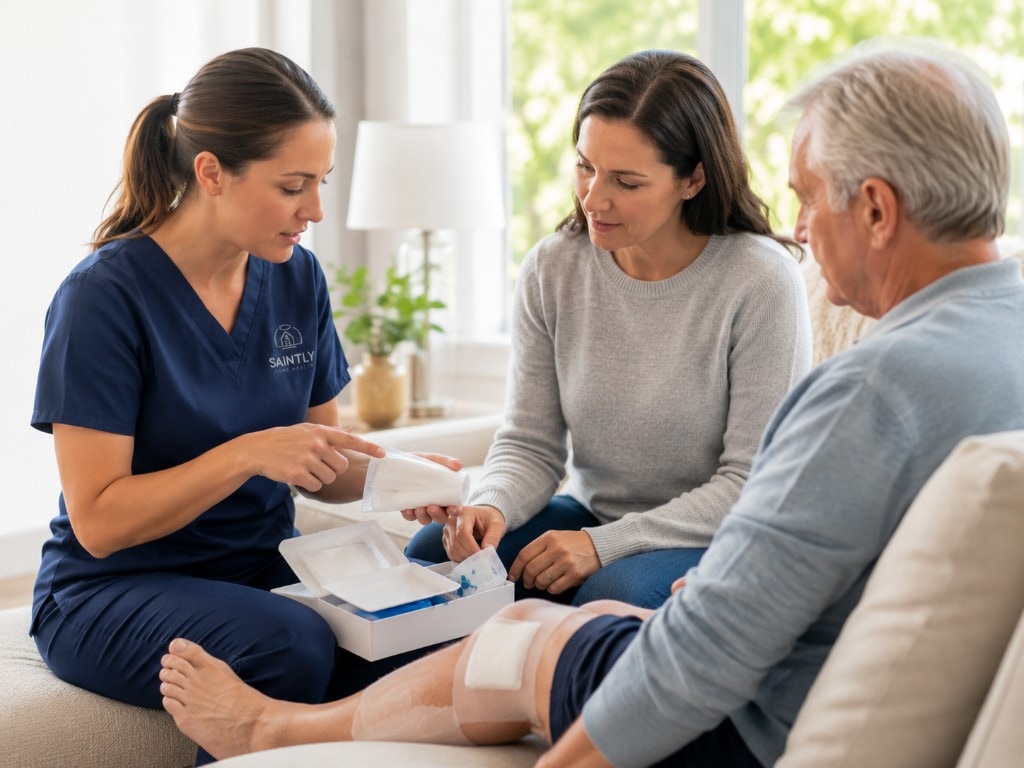 Saintly clinician supporting an older patient in a bright, cozy living room during a respectful home nursing visit