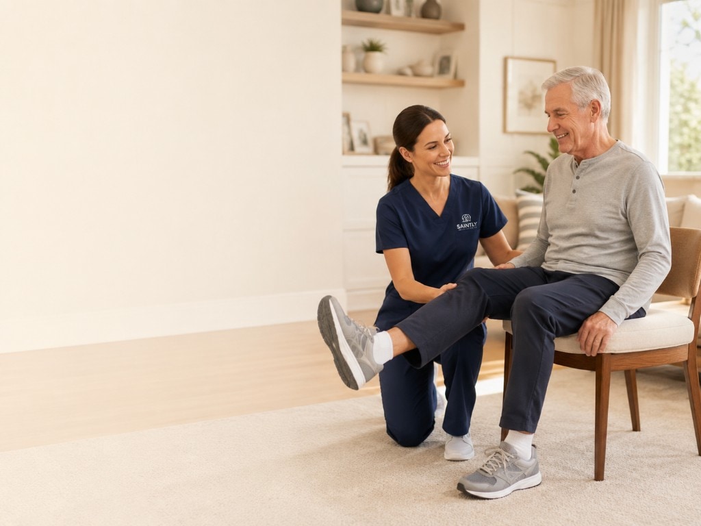 Saintly therapist showing a recovery plan on a tablet to a patient and their family member at home