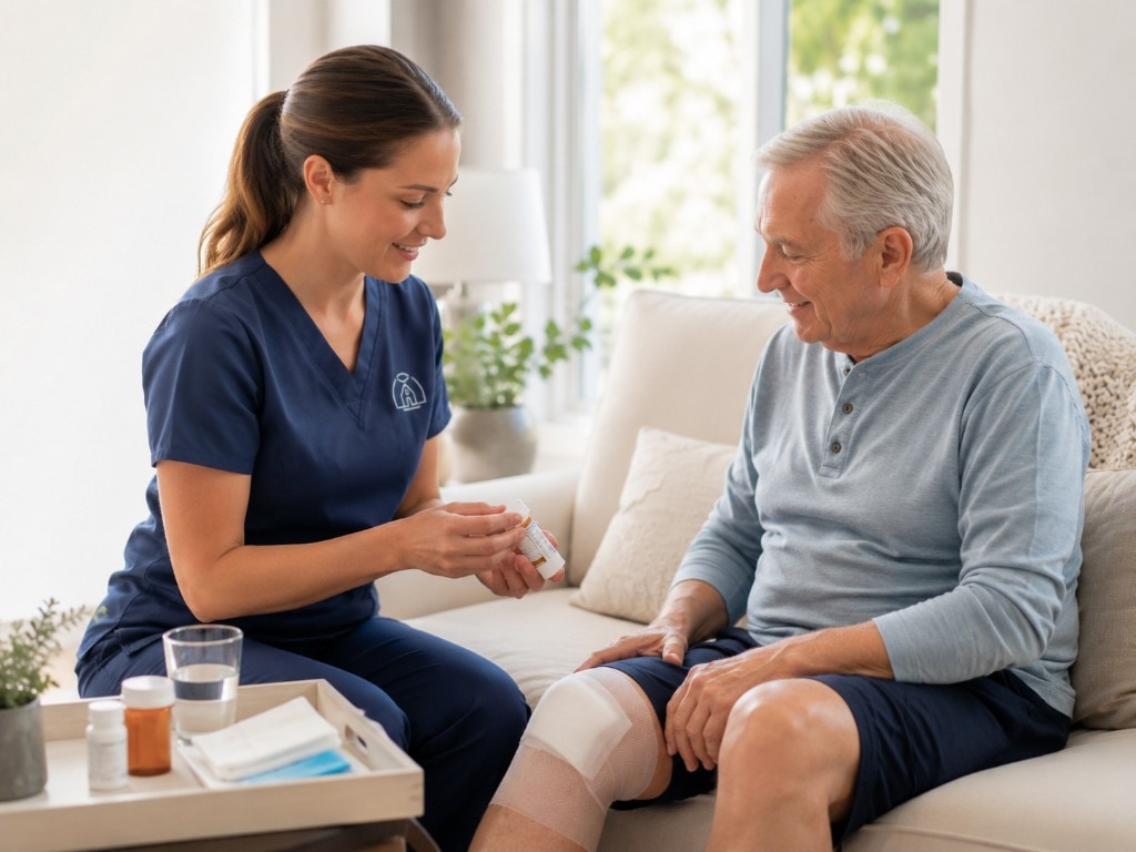 Saintly nurse reviewing a recovery plan with an older patient and family member at home