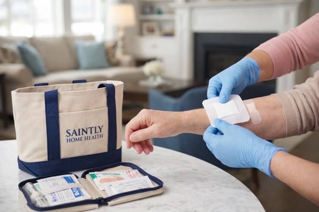 Saintly clinician providing skilled wound care at home with branded supply bag